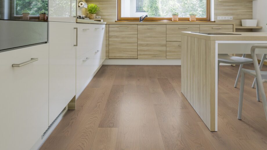 Parquet Tarkett, Shade, Oak Soft Grey Plank, 1-strip, 2 sides bevelled, brushed, stained, Proteco Natura mat lacquer