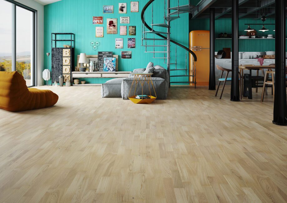 Parquet Oak, Molti Bianco, 3-strip, stained, matt lacquer