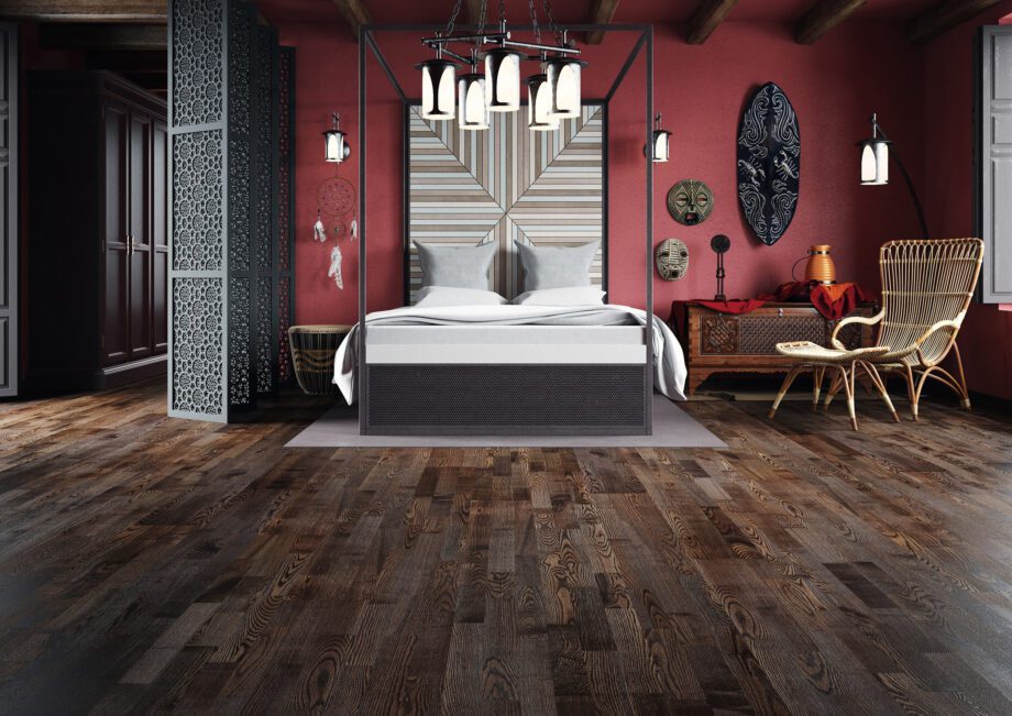 Parquet Ash, Molti Coffee, 3-strip, brushed, stained, semi-glossy lacquer