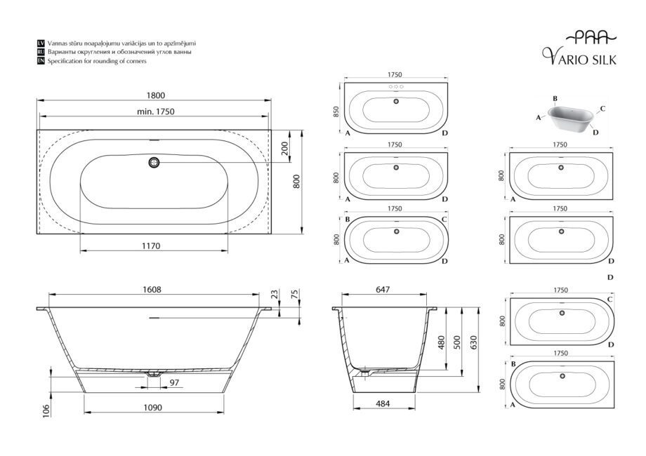 Bathtub PAA DECO WALL SILK matt silkstone (rounded corners A&D)