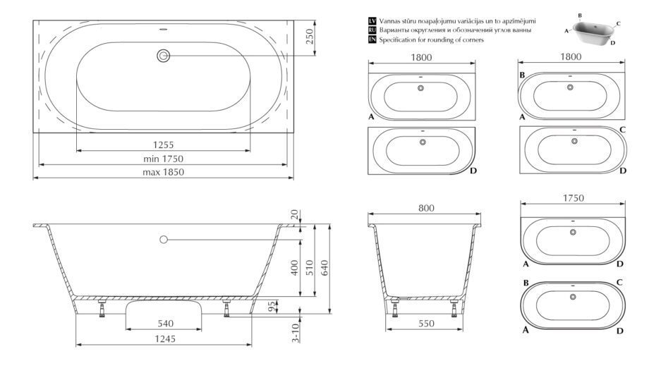 Bathtub PAA VARIO GRANDE cast stone, with 2 rounded corners C,D