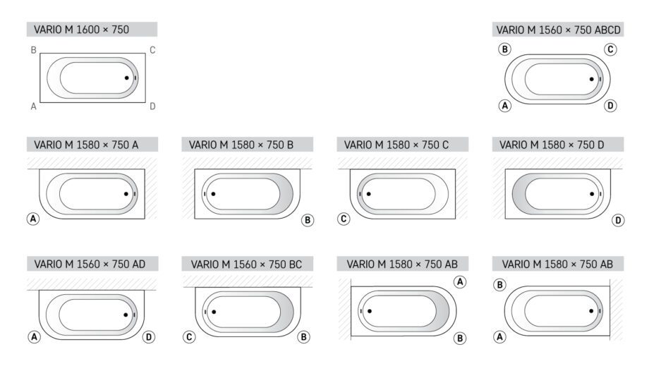 Bathtub PAA VARIO cast stone with 1 rounded corner