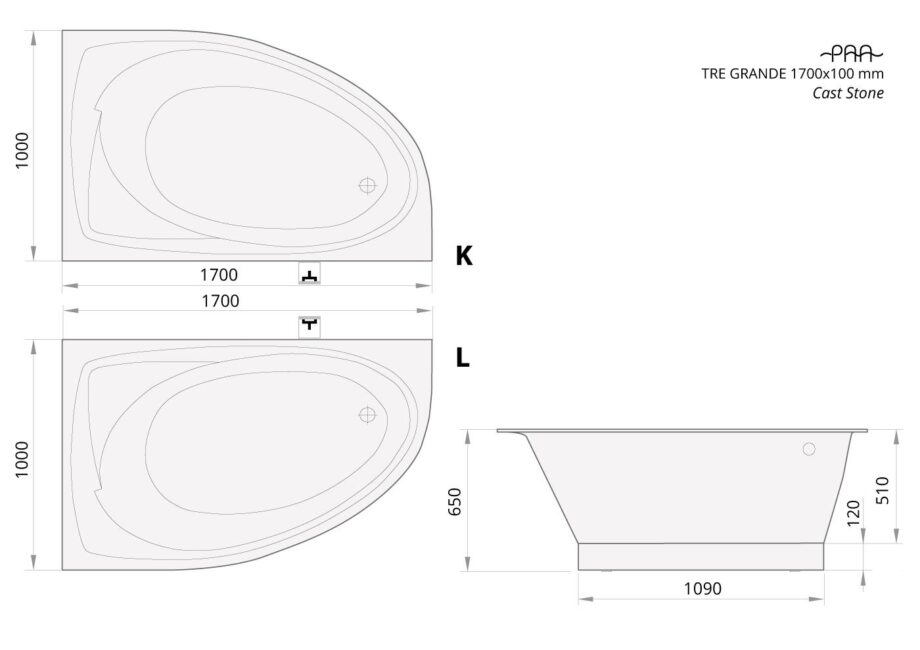 Bathtub PAA TRE GRANDE cast stone left side corner bathtub