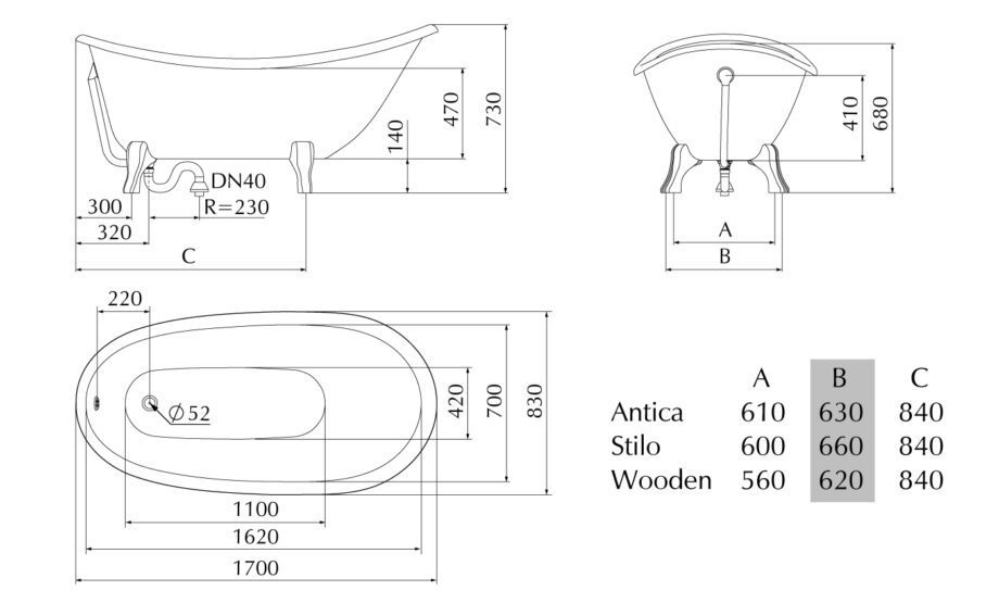 Bathtub in Cast Stone with cast stone ANTICA legs