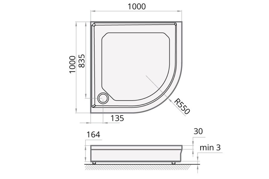 Shower tray PAA CLASSIC RO 100 R 550 + panel & adjustable legs