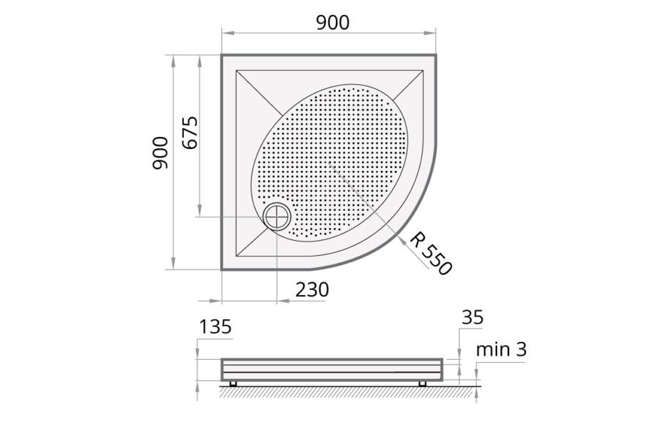 Shower tray PAA ART RO 90 R 550 4W + panel & adjustable legs