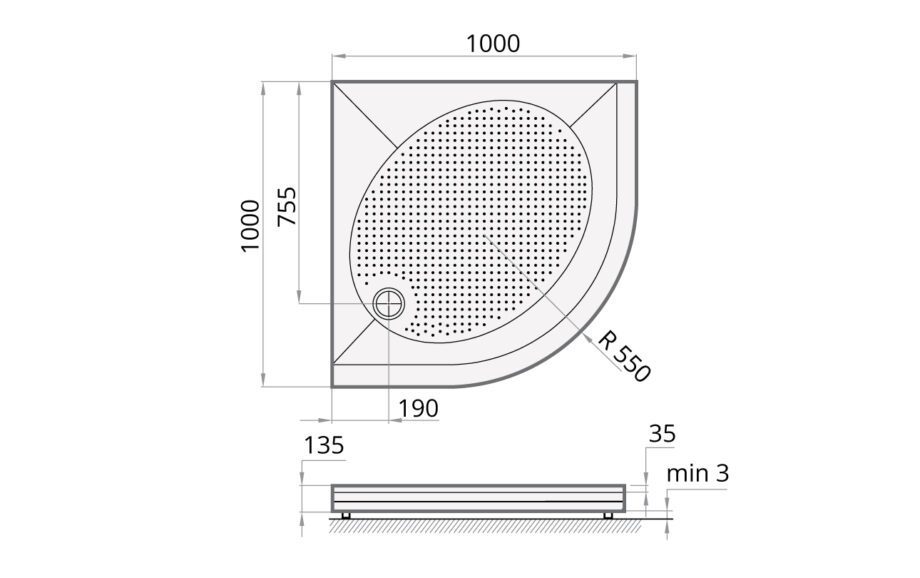 Shower tray PAA ART RO100 R 550 + panel & adjustable legs