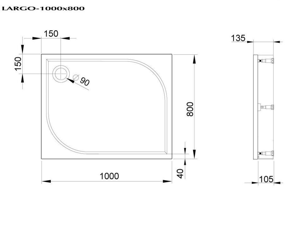 Shower tray PAA LARGO 80x100 + panel & adjustable legs