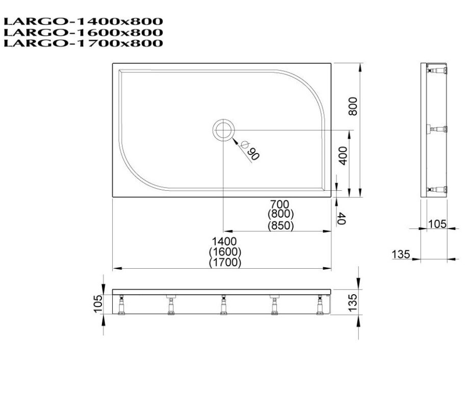 Shower tray PAA LARGO 80x170 + panel & adjustable legs