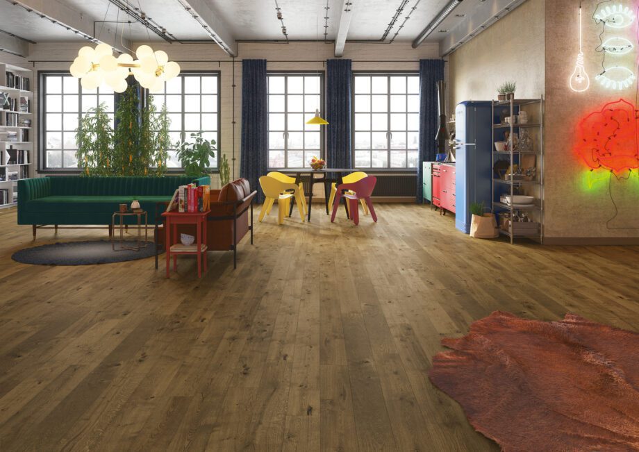 Parquet Oak, Grande Bonet, 1-strip, beveled, stained, brushed, matt lacquer