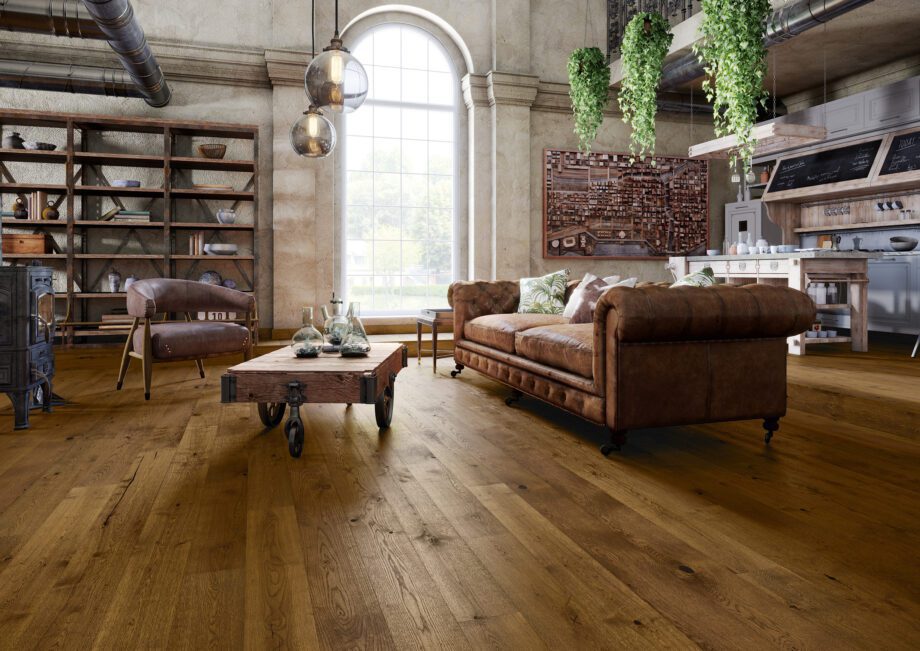 Parquet Oak, Grande Tay River, 1-strip, beveled, brushed, stained, matt lacquer