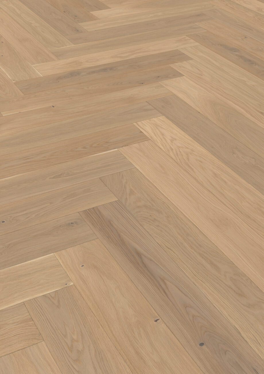 Parquet Oak, ter Hürne, raw oak herringbone, brushed, beveled, extra matt lacquered