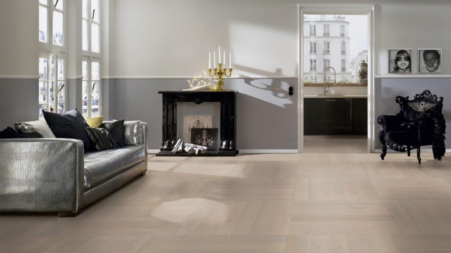 Parquet Oak, ter Hürne, Oak light grey, brushed, beveled, extra matt lacquered