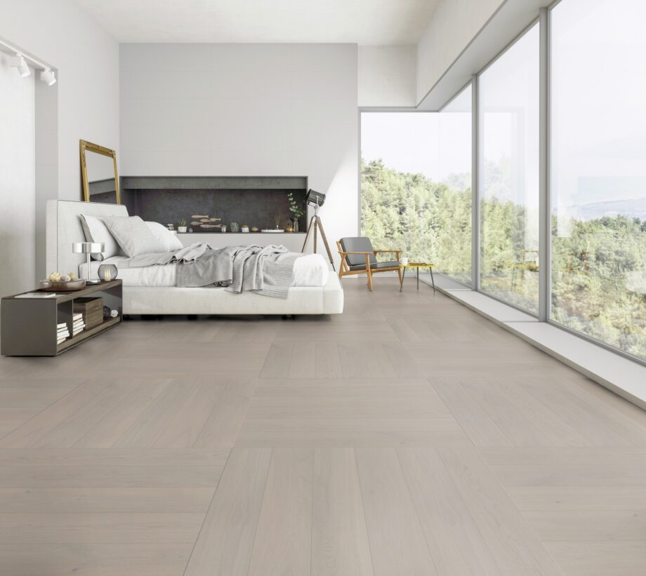 Parquet Oak, ter Hürne, Oak grey, brushed, beveled, extra matt lacquered