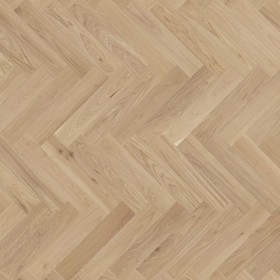 Herringbone parquet oak, Tarkett, Segno Oak Blonde, brushed, beveled, hardwax oil, left modular