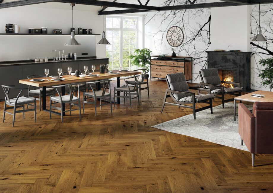 Parquet Oak, Brown Sugar, 1-strip, beveled, brushed, stained, matt lacquer, herringbone, click