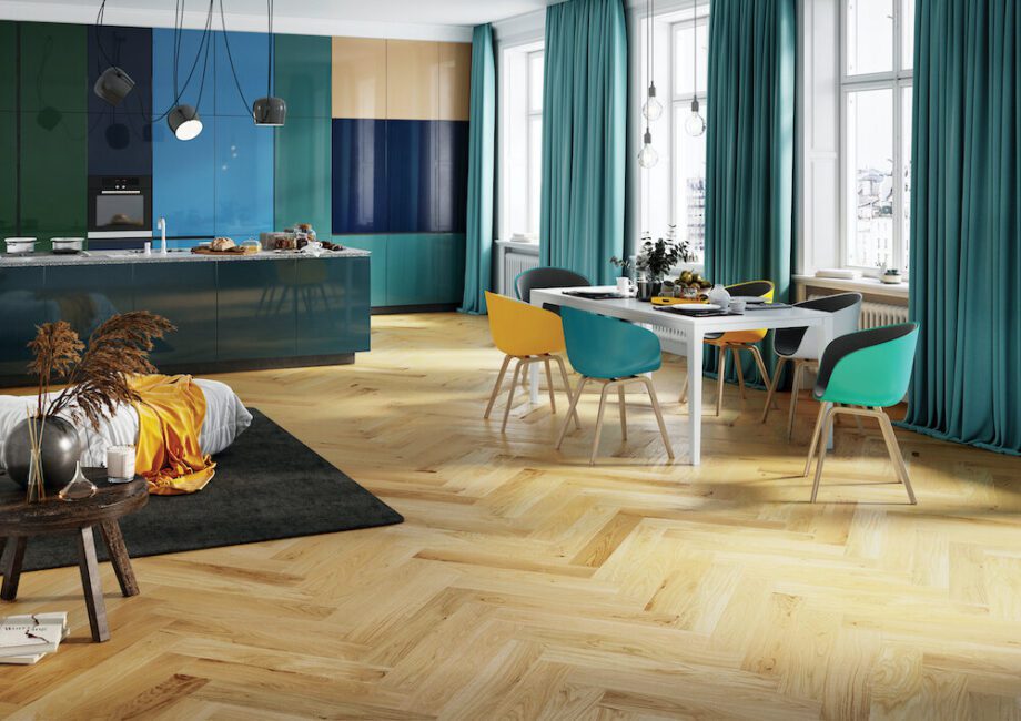 Parquet Oak, Caramel, 1-strip, beveled, brushed, stained, matt lacquer, herringbone, click