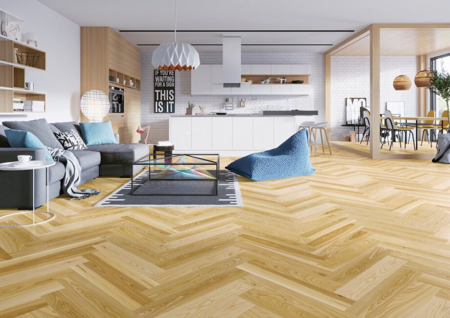 Parquet Ash, Auric, 1-strip, beveled, matte lacquer, herringbone, click