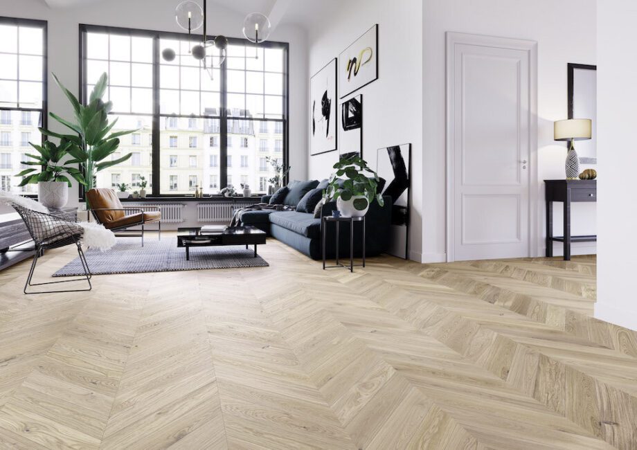 Parquet Oak, Salt, 1-strip, beveled, brushed, natural oil, french herringbone