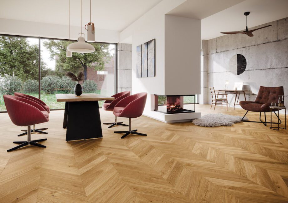 Parquet Oak, Bright, 1-strip, beveled, brushed, natural oil, french herringbone