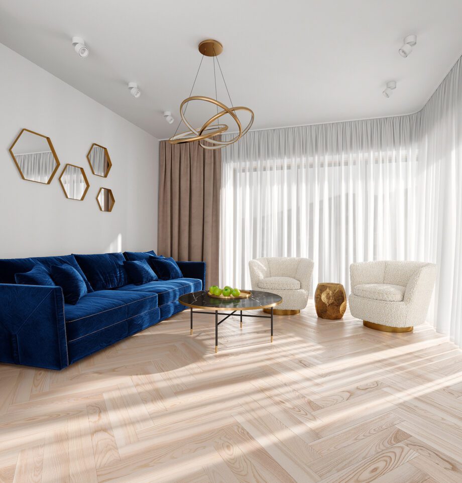 Parquet Ash, EstaParket, Ash Herringbone Elegant Nordic, beveled, brushed, white extra matte lacquer 5%, herringbone