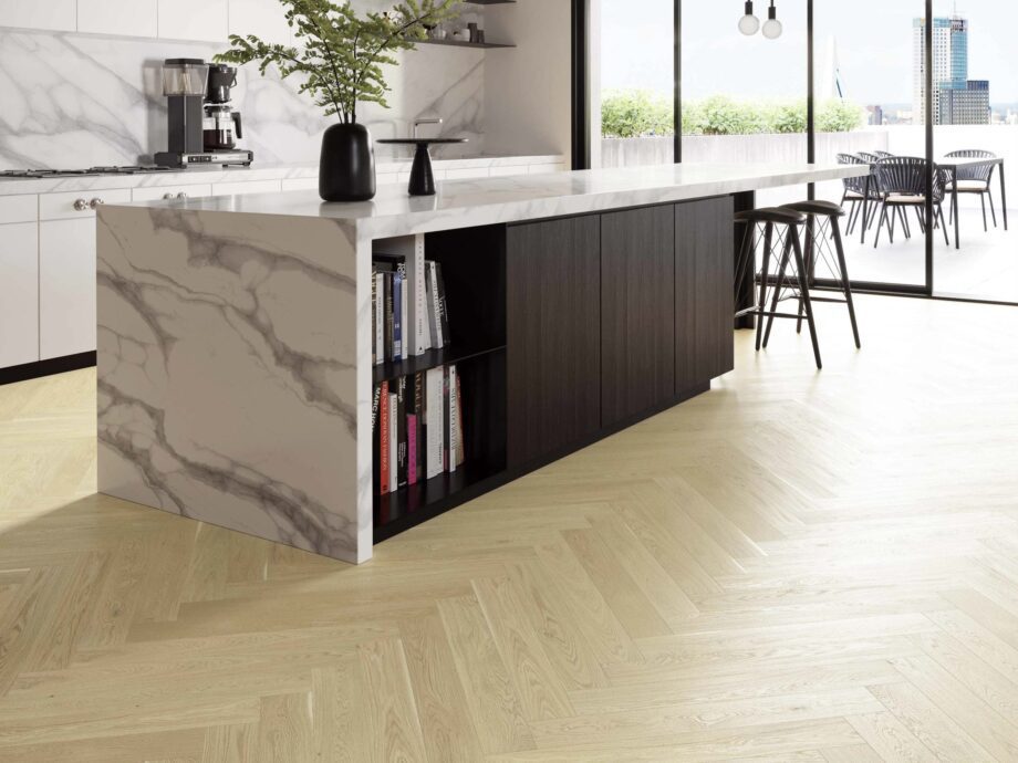 Parquet Oak, EstaParket, Oak Herringbone AB Dazy, beveled, brushed, extra matte lacquer 5%, herringbone