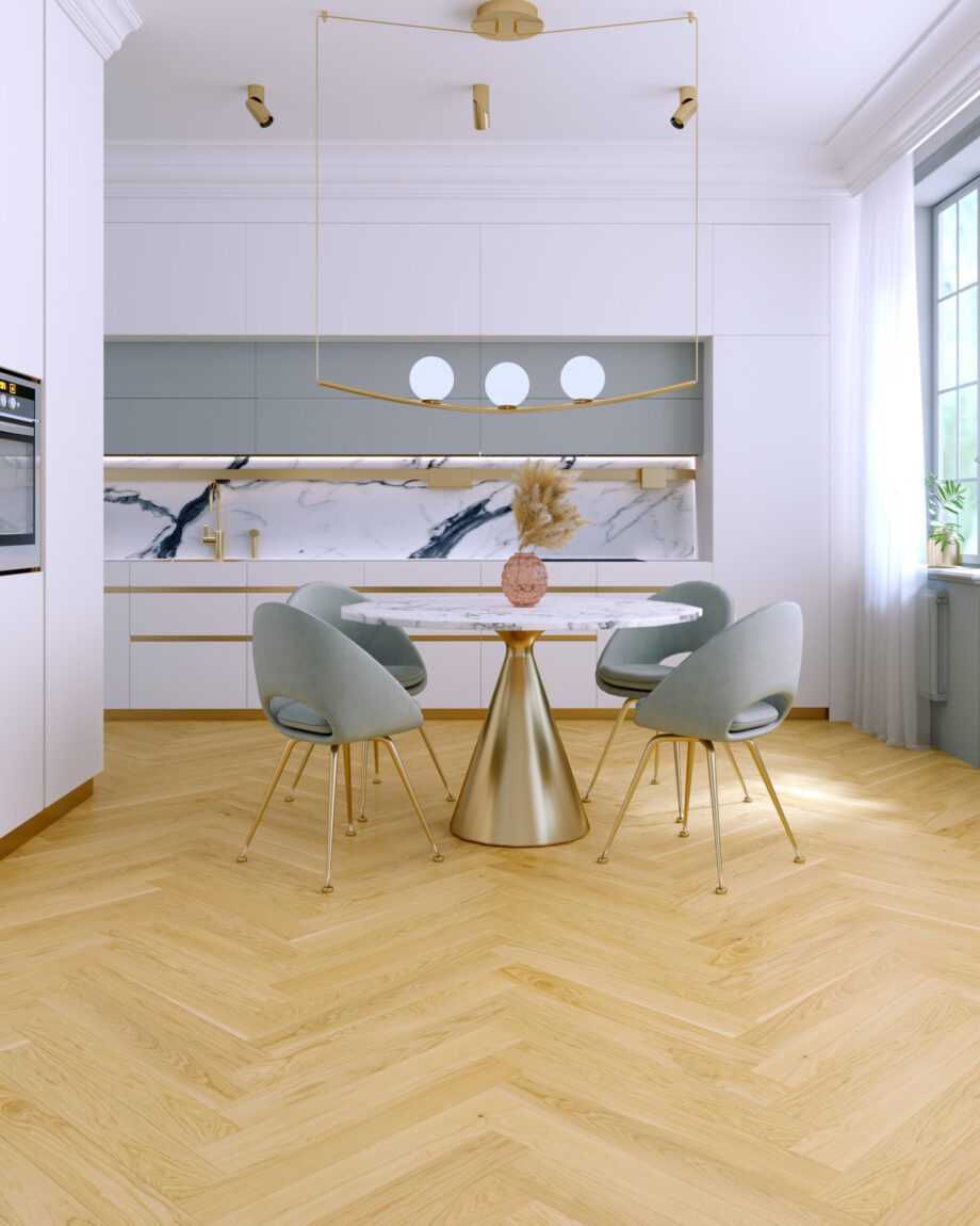 Parquet Oak, EstaParket, Oak Herringbone AB Pure Line, beveled, brushed, lacquer 5%, herringbone