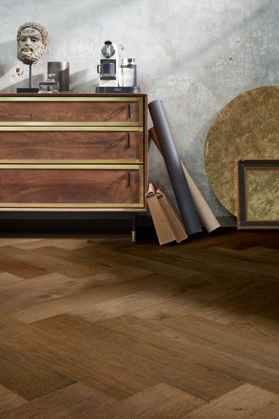 Herringbone parquet Meister Lindura Classic olive grey oak, structured, ultra matt lacquered