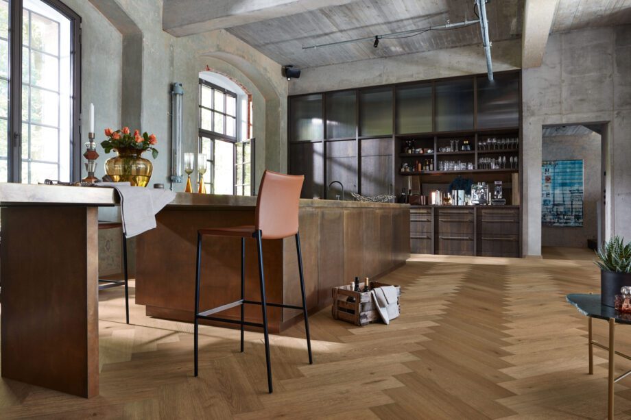 Herringbone parquet Meister Lindura Classic olive grey oak, structured, ultra matt lacquered