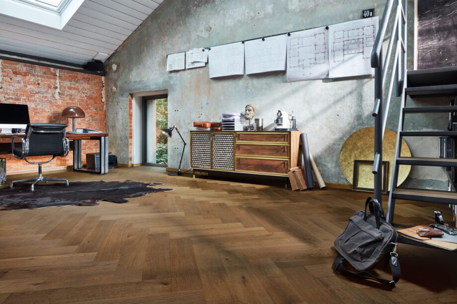 Herringbone parquet Meister Lindura Classic olive grey oak, structured, ultra matt lacquered