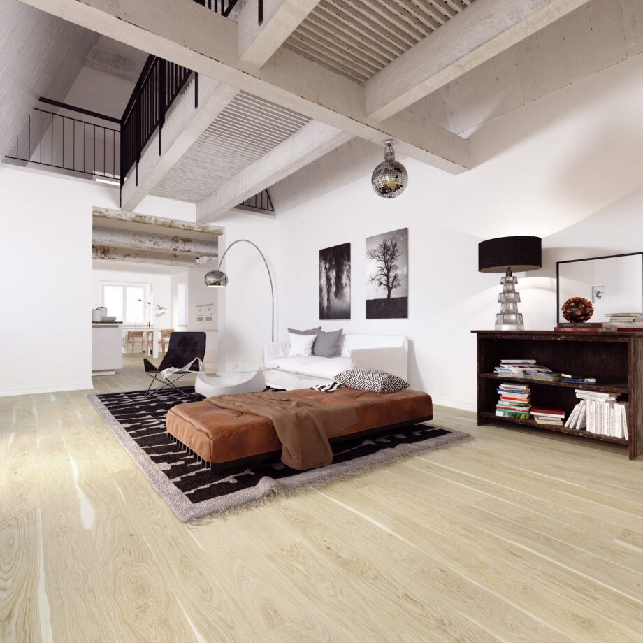 Parquet Oak, Oak Nordic London, 1-strip, brushed, beveled, white extra matte lacquer 5-11% – 2