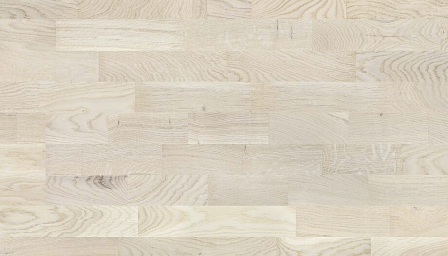 Parquet oak, Promo White, 3-strip, brushed, mat lacquer 5-11%