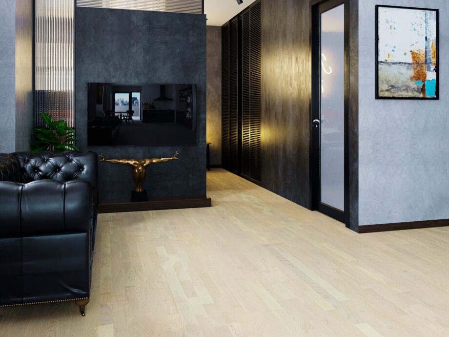 Parquet oak, Promo White, 3-strip, brushed, mat lacquer 5-11%