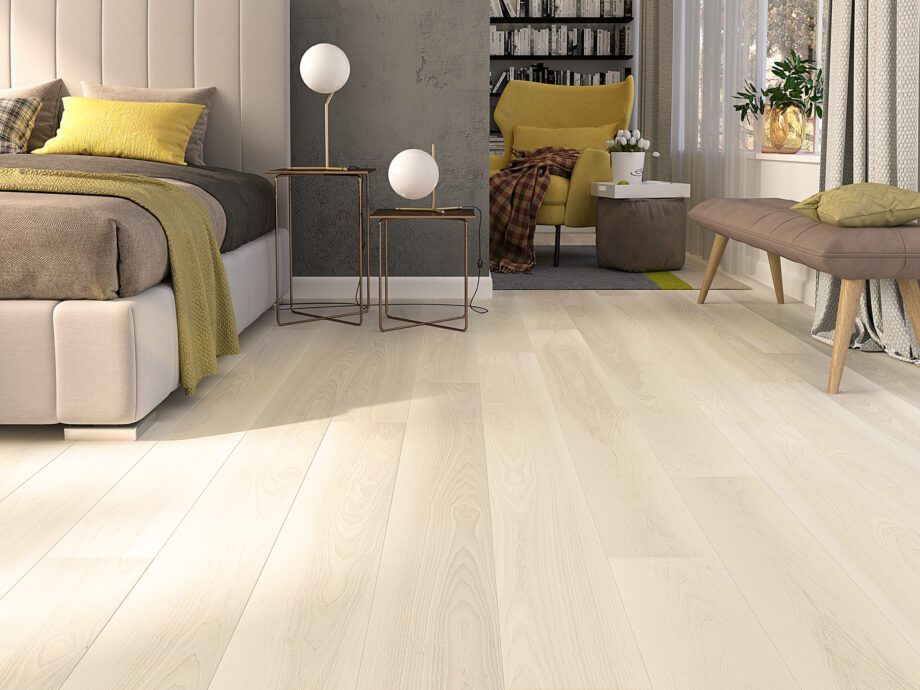 Parquet Ash, elegant frost ivory pores, 1-strip, brushed, beveled, extra mat lacquer 5%