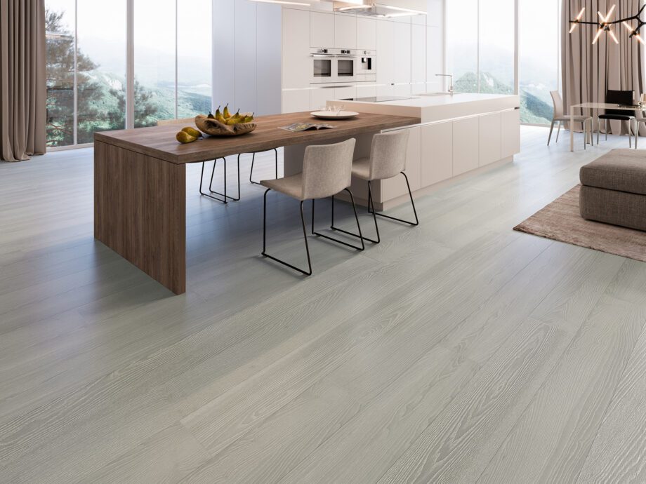 Parquet ash, elegant dusky grey white pores, 1-strip, brushed, beveled, extra matte lacquer 5%