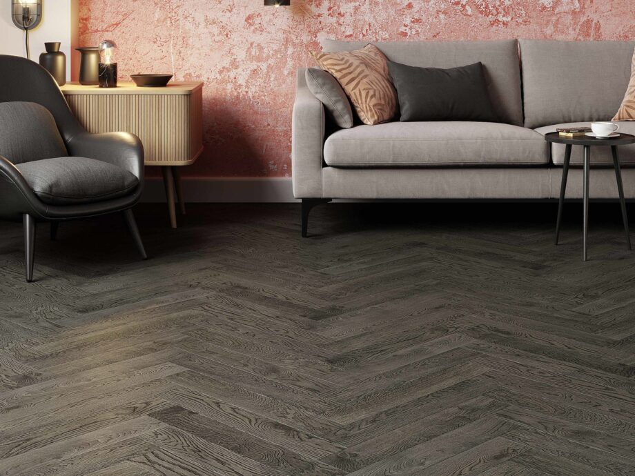 Herringbone parquet oak, Estaparket, BC lava grey, beveled, brushed, extra mat lacquer 5%