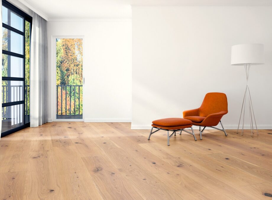 Parquet floor Oak Rustical 1-strip 2 sides beveled brushed white oiled 260mm wide