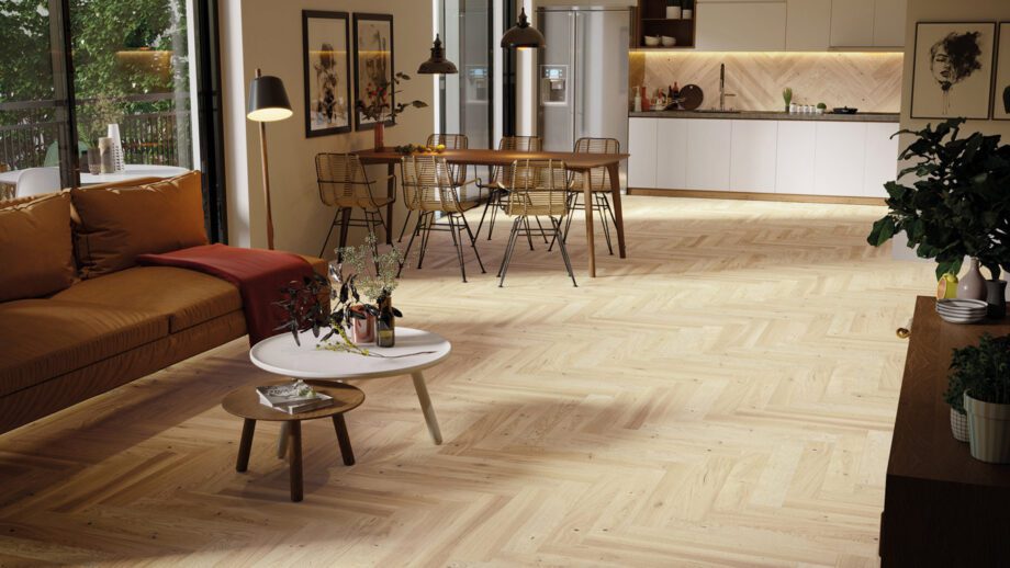 Herringbone flooring oak natural beveled white matt lacquer 110mm