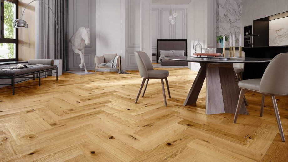 Herringbone flooring Barlinek Oak Raisins beveled brushed matt lacquered – view 2 Herringbone flooring Barlinek Oak Raisins beveled brushed matt lacquered – 2