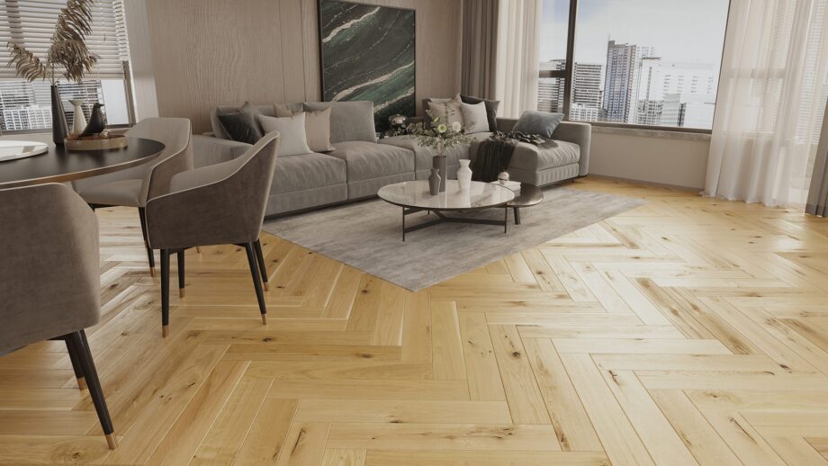 Herringbone flooring Barlinek Oak Raisins beveled brushed matt lacquered – view 3 Herringbone flooring Barlinek Oak Raisins beveled brushed matt lacquered – 3
