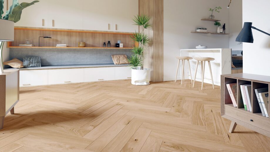 Herringbone floor Oak Crema beveled brushed matt lacquered – view 2 Herringbone floor Oak Crema beveled brushed matt lacquered – 2