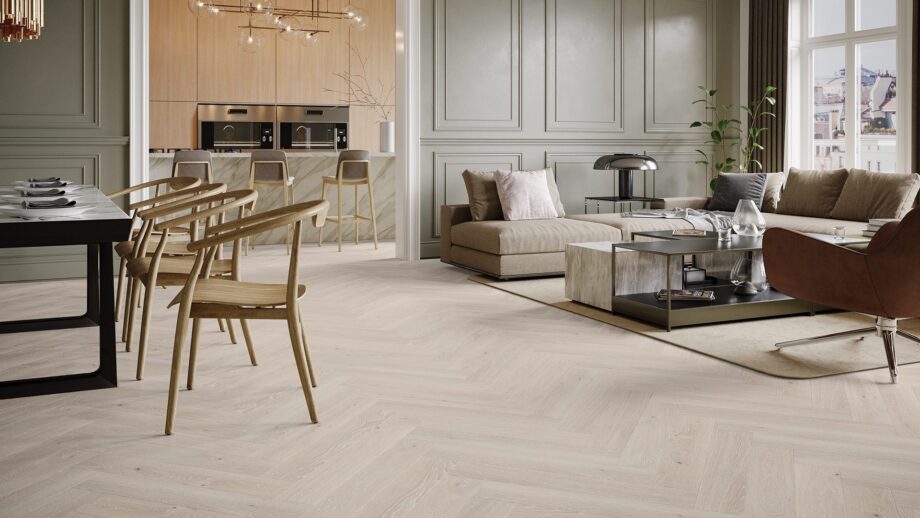 Herringbone floor Barlinek Oak Pudding beveled brushed matt lacquered – view 2 Herringbone floor Barlinek Oak Pudding beveled brushed matt lacquered – 2