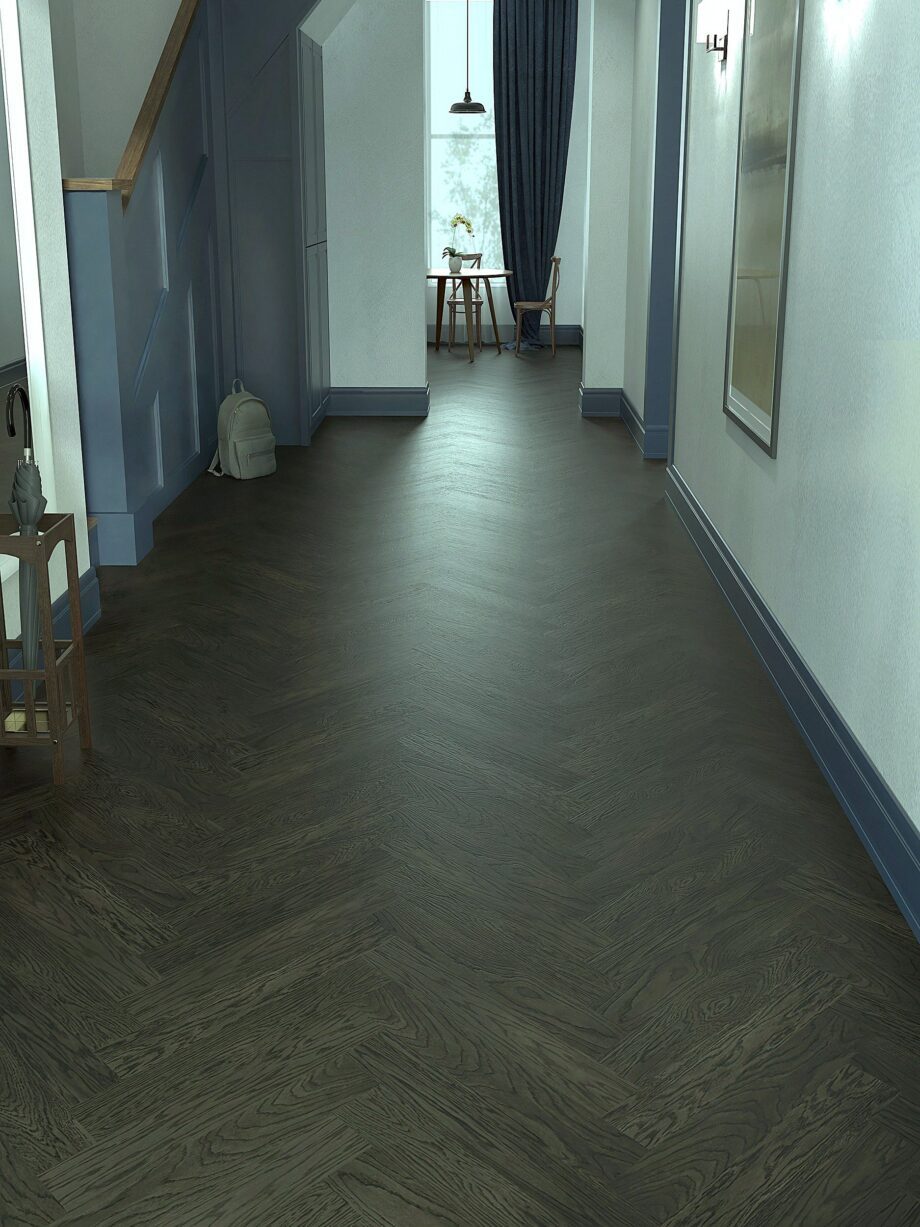 Herringbone parquet oak natur bevelled anthracite grey matt lacquer – view 2 Herringbone parquet oak natur bevelled anthracite grey matt lacquer – 2