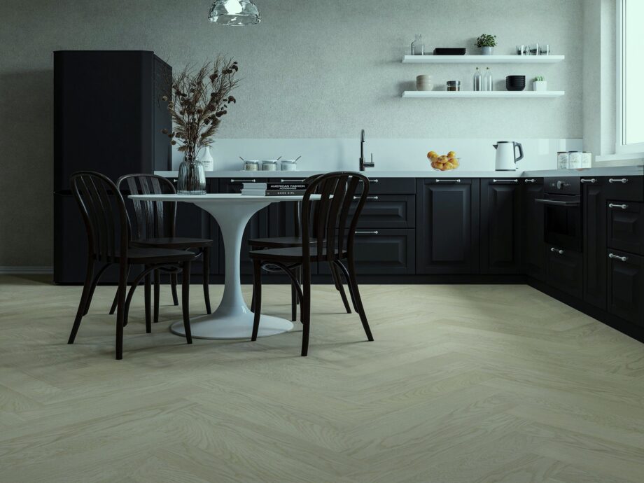 Herringbone parquet oak natur bevelled brushed white matt lacquer – view 2 Herringbone parquet oak natur bevelled brushed white matt lacquer – 2