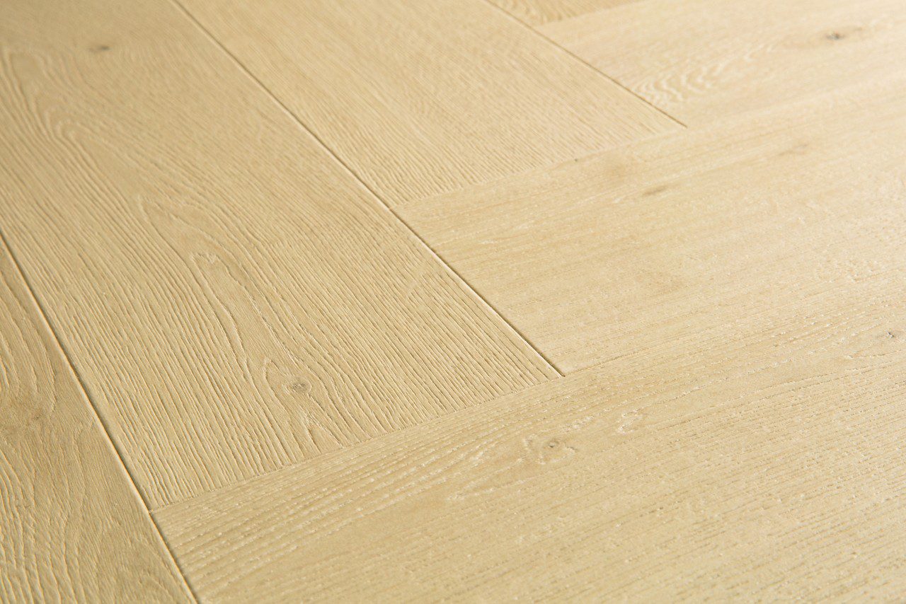 Herringbone laminate floor Quick-Step Impressive Design Ginger Oak color, surface structure, bevels and sorting description