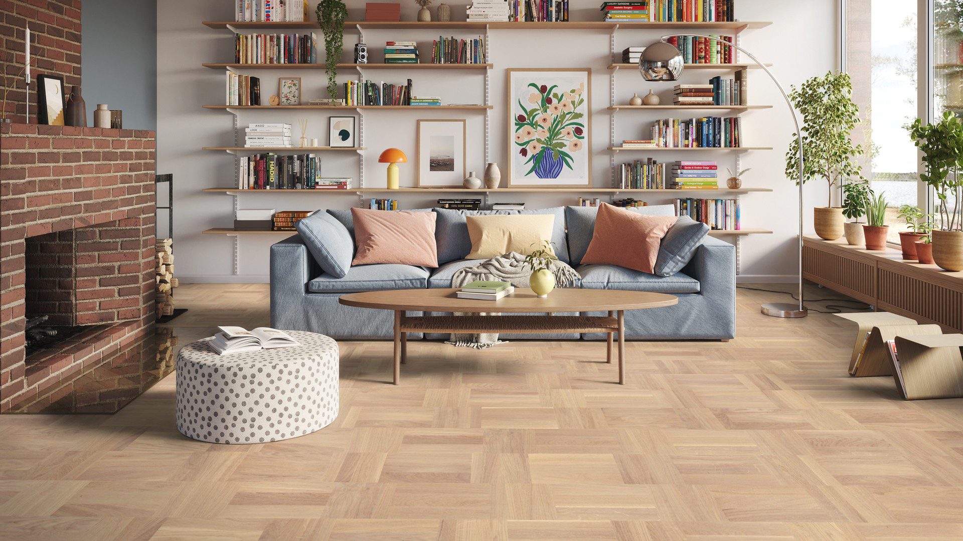 Parkettboden Tarkett Grace eiche Era ultra mattlack im wohnzimmer verlegt kamin sofa und buecherregal