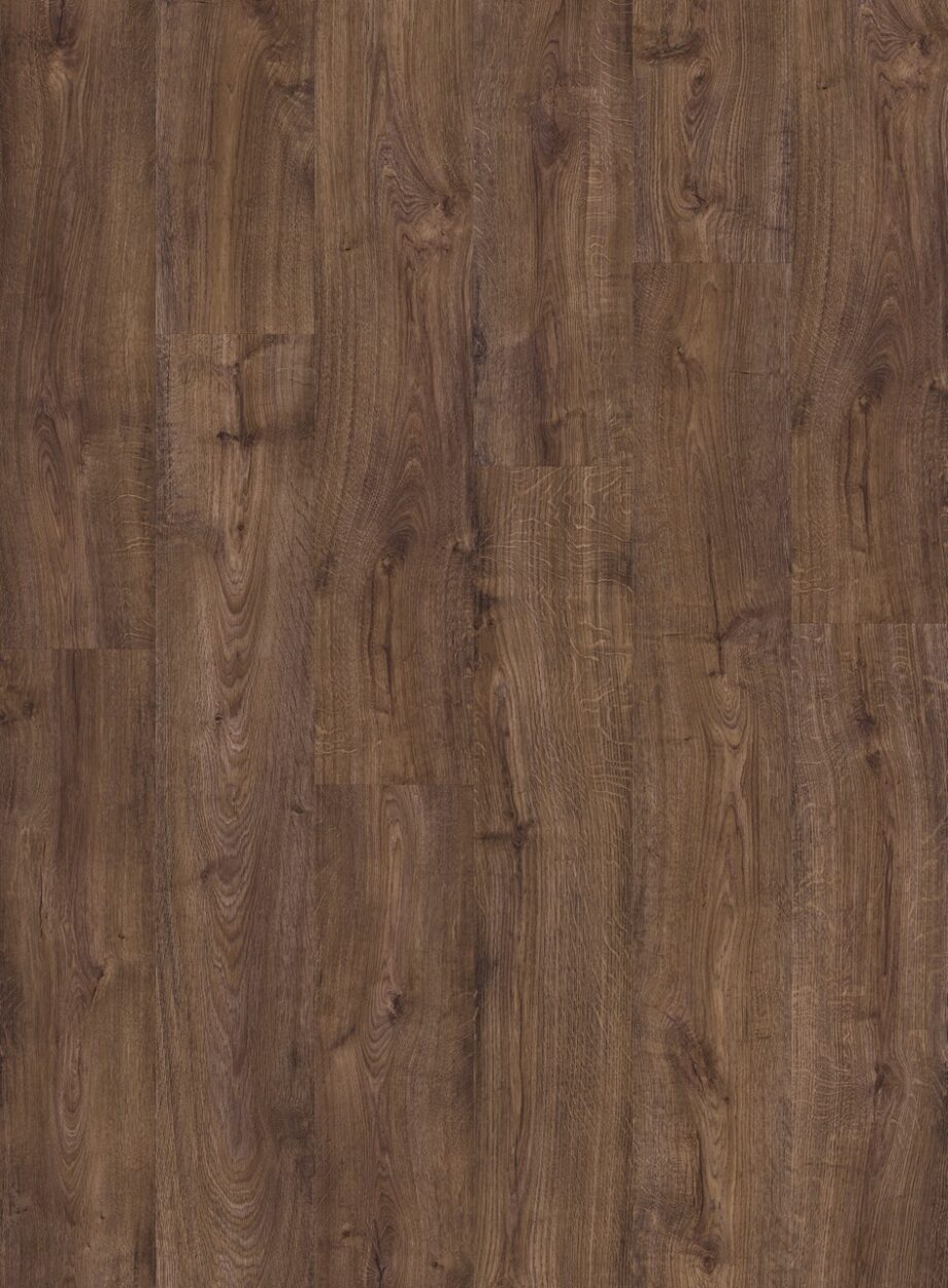 Vinyylilankku Quick Step Autumn Oak Chocolate, tumma suklaanruskea tammen sävy ja lankkudesign.