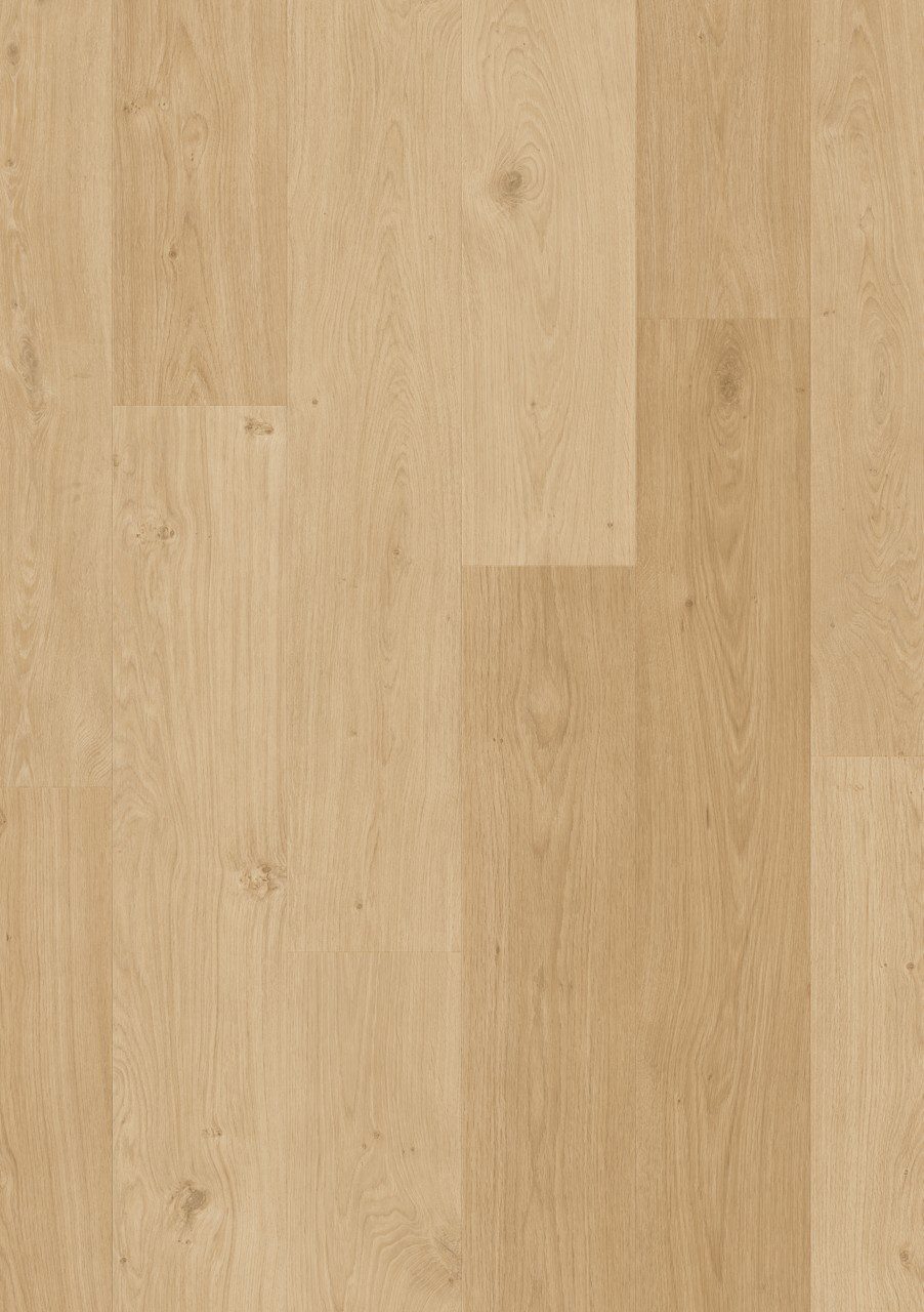 Vinyylilankku Quick Step Blos Vaalea Coast Tammi Beige, vaalea hiekanbeige tammen sävy ja lankkulattia tammi.