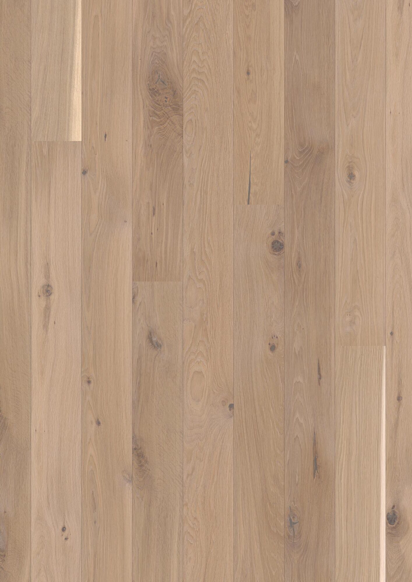 Parketti Bauwerk Casapark tammi 46 Farina asennettuna kodin lattialle – vaalea, pehmeän lämmin tammensävy (Farina) ja rustiikkinen sorteerus (oksakohtia sekä eläväistä sävyvaihtelua). Harjattu pinta ja öljyvahattu viimeistely tuovat esiin puun luonnollisen tekstuurin.