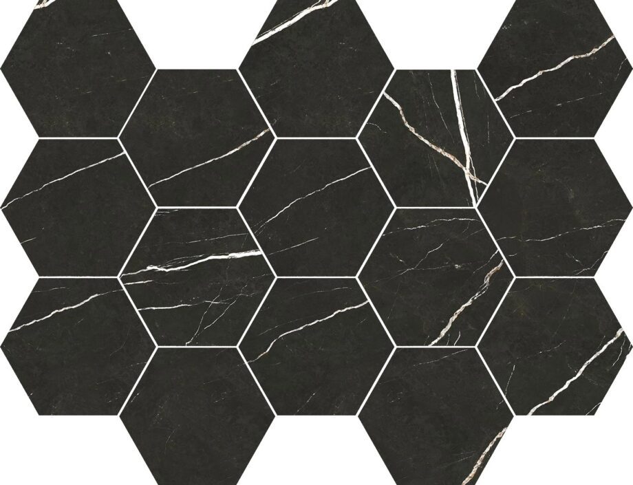 Marmorefektiga kuusnurkne mosaiikplaat Tau Elite Black Hex, 32,5x22,5 cm, must